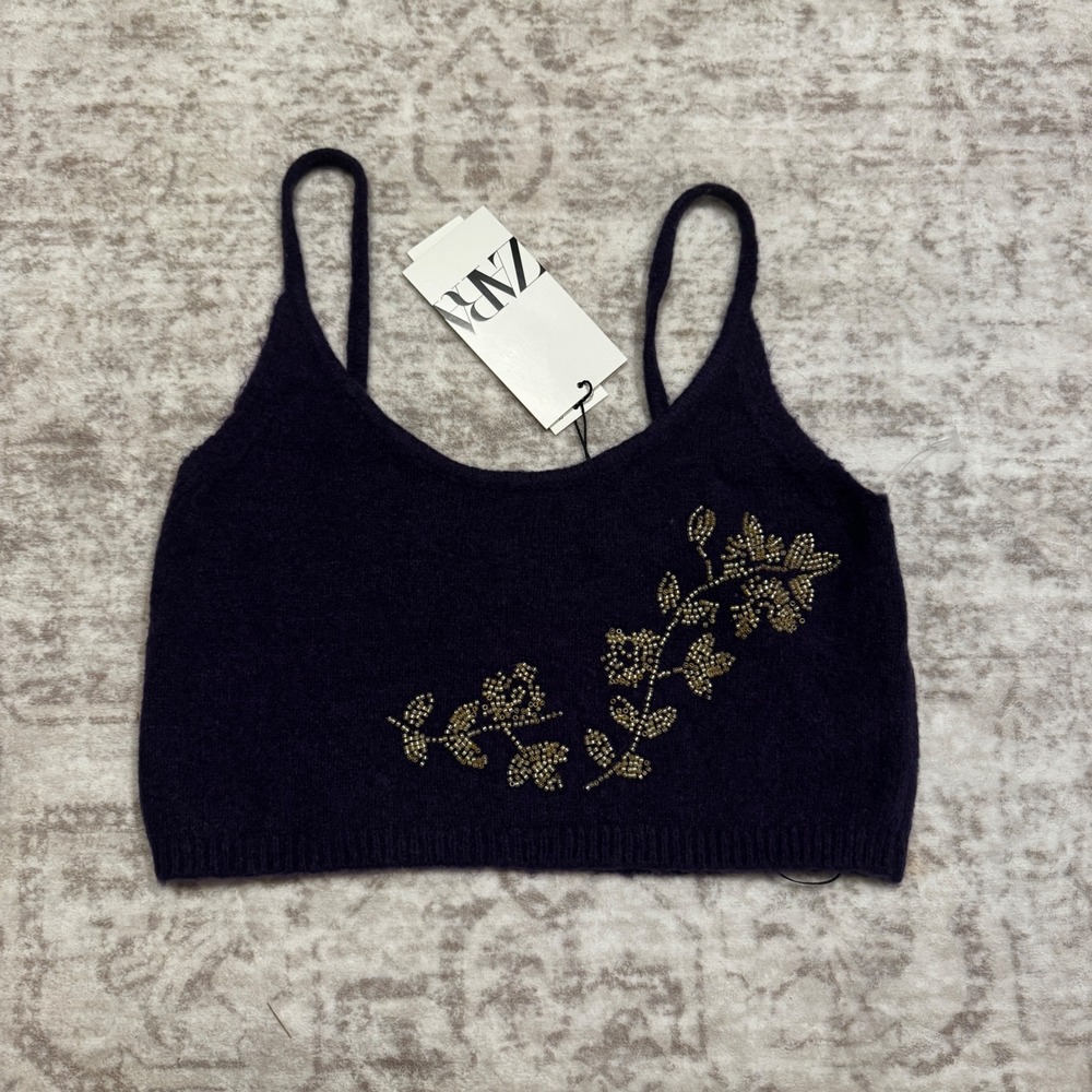 Zara‎ Knit Purple Beaded Floral Crop Cami Top Embroidery Womens Medium